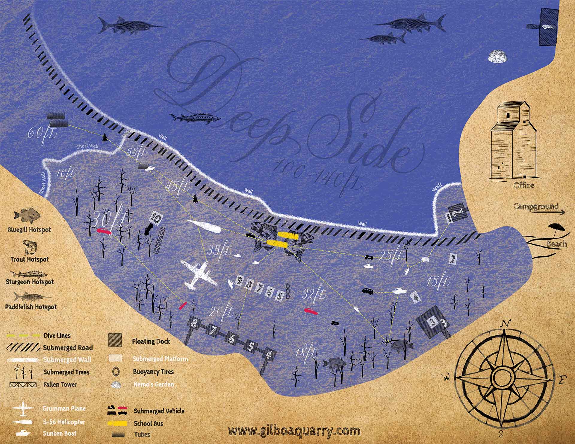 Gilboa Quarry dive site map showing underwater attractions depths wildlife hotspots and training platforms Ohio