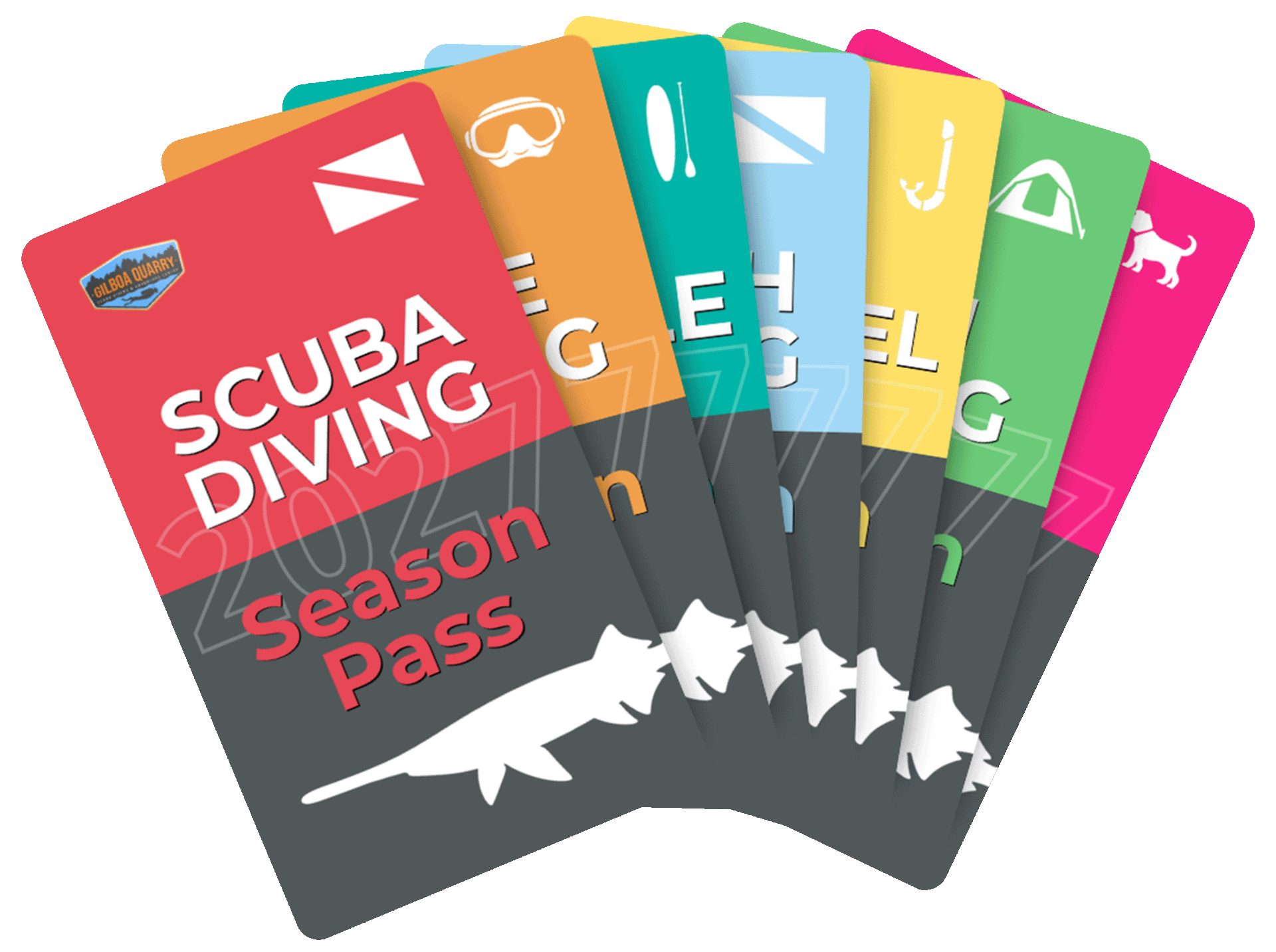 Gilboa Quarry 2027 season pass cards fanned out showing scuba diving and activity pass options — early bird pricing now available Gilboa Quarry Ottawa Ohio